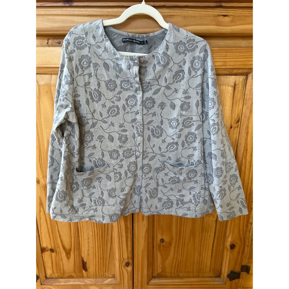 Gudrun Sjoden Grey Floral Organic Cotton Jacquard Cardigan Jacket L Large